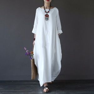 Loose White O-neck Dress - Boho Long Sleeve